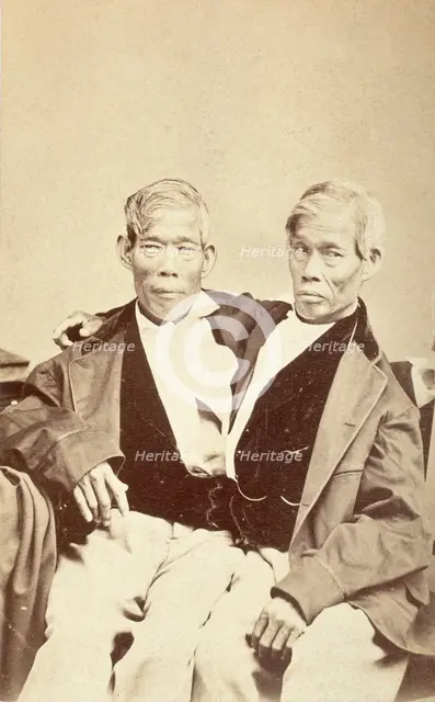 Chang and Eng, conjoined twins, seated, c1860. Creator: Unknown.