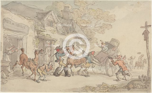 Changing Horses at a Post House in France, c. 1790. Creator: Thomas Rowlandson.