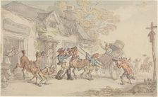 Changing Horses at a Post House in France, c. 1790. Creator: Thomas Rowlandson