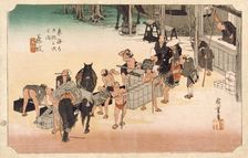 Changing Horses and Porters at Fujieda Station, between c1833 and c1834. Creator: Ando Hiroshige