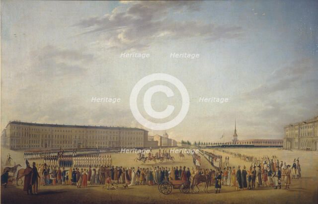 Changing of the Guard at the Palace Square in Saint Petersburg, c. 1800. Artist: Mayr, Johann Georg, von (1760-1816)
