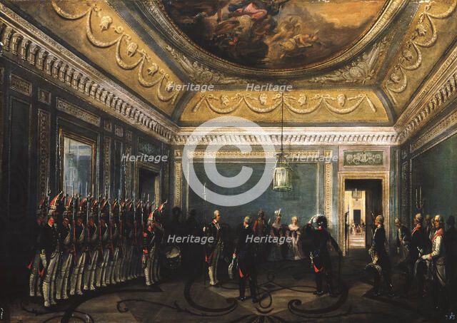 Changing of the Preobrazhensky Regiment Guards in the Gatchina Palace at the time of Paul I, 1845. Artist: Schwarz, Gustav (ca. 1800-after 1855)