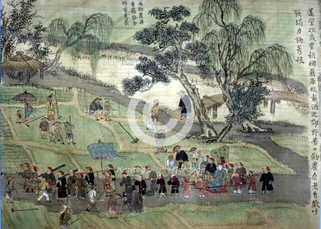 Chao Hsia visiting the fields, encouraging people to plant Mulberry trees. Artist: Unknown.