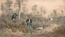 Chasses a Tir, Battue en Forêt mid 19th century. Creator: F Grenier