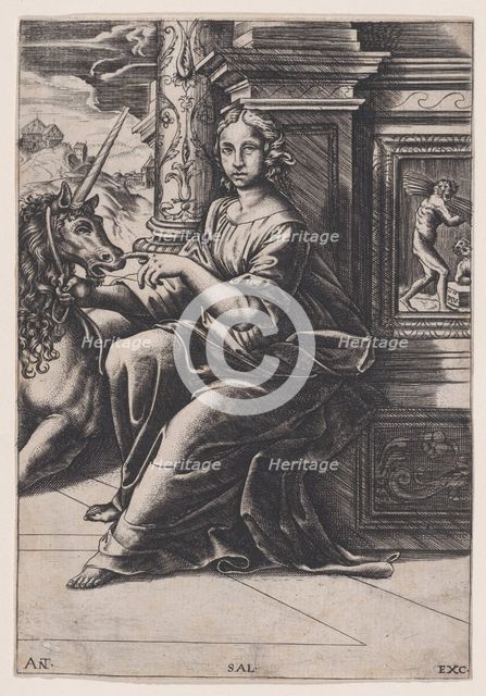 Chastity, a woman seated, a unicorn to her right, c. 1515-30. Creator: Agostino Veneziano.