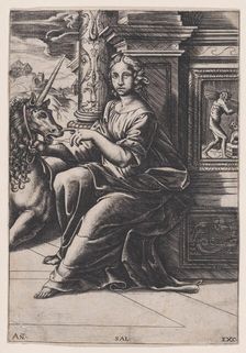 Chastity, a woman seated, a unicorn to her right, c. 1515-30. Creator: Agostino Veneziano