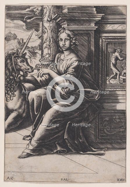 Chastity, a woman seated, a unicorn to her right, c. 1515-30. Creator: Agostino Veneziano.