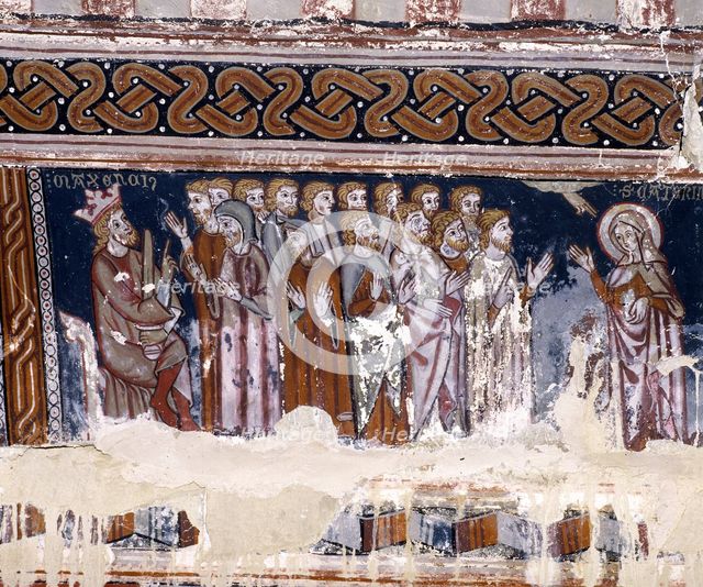 Chapel of Santa Maria del Monte of Liesa, scene of the martyrdom of St. Catherine, painting besid…