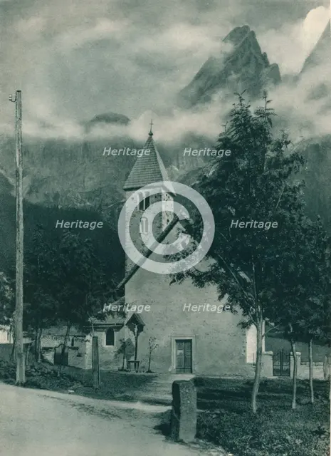 Chapel and Pala Group, San Martino di Castrozza, Dolomites, Italy, 1927. Artist: Eugen Poppel.