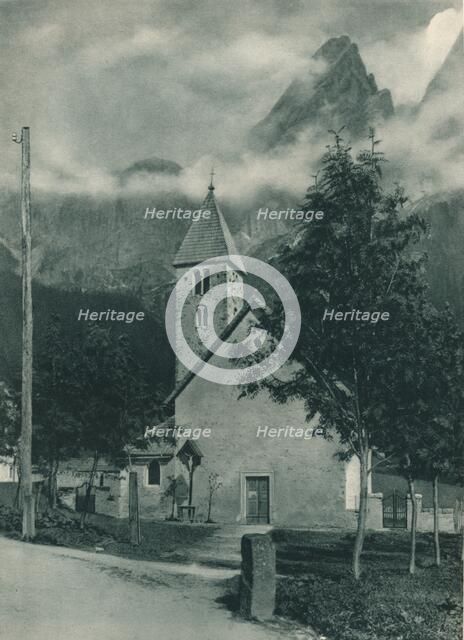Chapel and Pala Group, San Martino di Castrozza, Dolomites, Italy, 1927. Artist: Eugen Poppel.