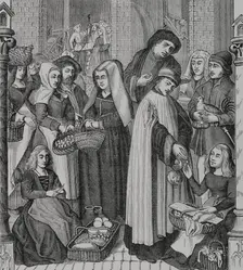 Chapter right on markets and food stalls - Toll on market, levied by a cleric, 15th century (1878). Creator: Unknown