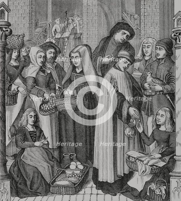 Chapter right on markets and food stalls - Toll on market, levied by a cleric, 15th century (1878). Creator: Unknown.