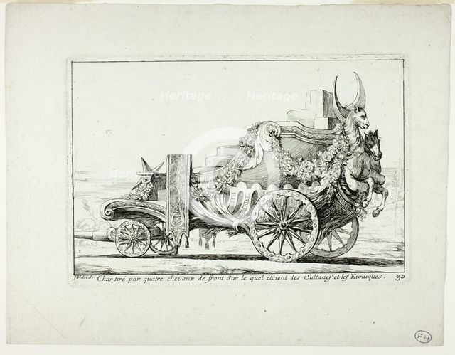 Char tiré par quatre chevaux de front, Sur lequel étaient les Sultanes et les Eunuques, pl..., 1748. Creator: Joseph-Marie Vien the Elder.