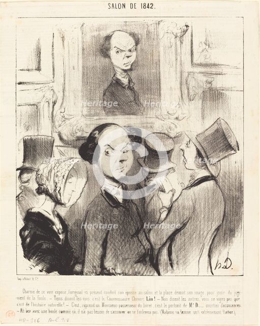 Charmé de se voir exposé, l'original ici présent conduit son épouse au salon..., 1841.  Creator: Honore Daumier.