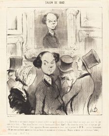 Charmé de se voir exposé, l'original ici présent conduit son épouse au salon..., 1841. Creator: Honore Daumier