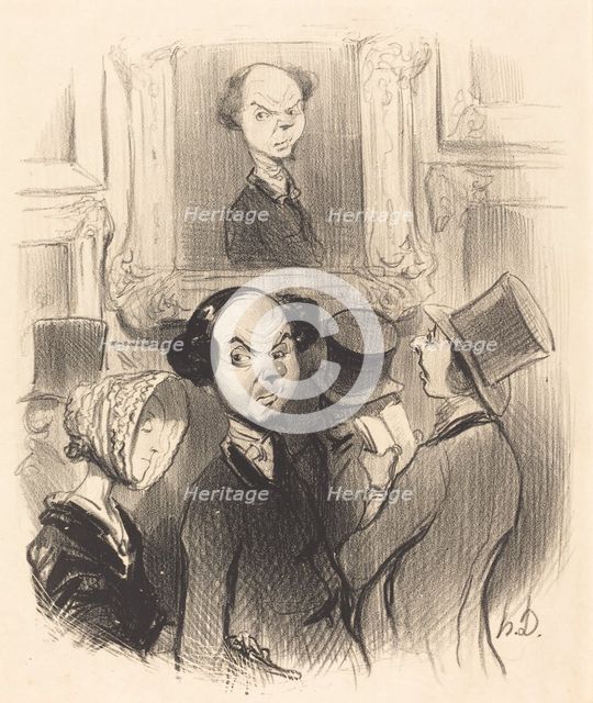 Charmé de se voir exposé, l'original ici présent conduit son épouse au salon..., 1841. Creator: Honore Daumier.