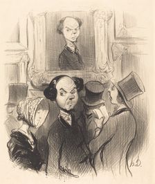 Charmé de se voir exposé, l'original ici présent conduit son épouse au salon..., 1841. Creator: Honore Daumier