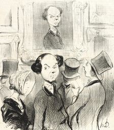 Charmé de se voir exposé, l'original ici présent conduit son épouse au salon..., 1841. Creator: Honore Daumier