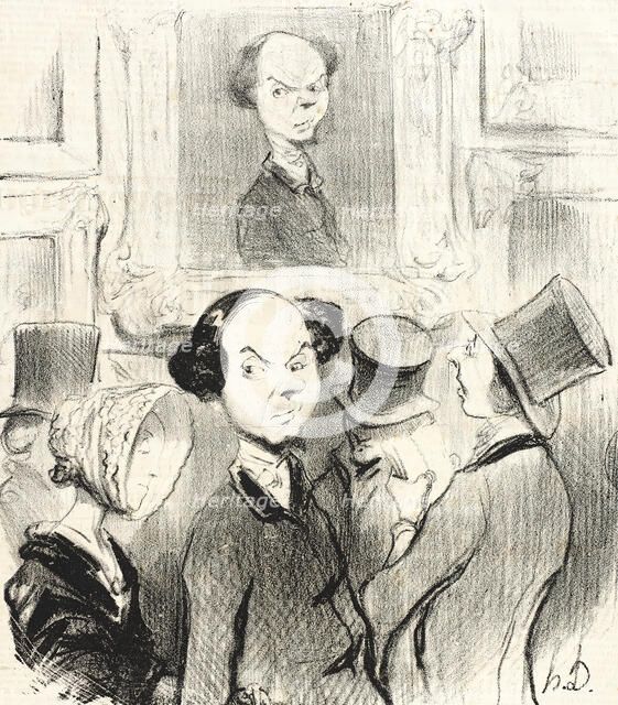 Charmé de se voir exposé, l'original ici présent conduit son épouse au salon..., 1841. Creator: Honore Daumier.