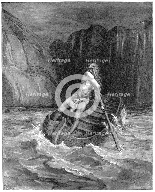 Charon the ferryman rowing to collect Dante and Virgil, to carry them across the Styx, 1861. Artist: Gustave Doré