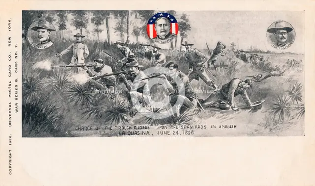 'Charge of the Rough Riders upon the Spaniards in Ambush, La Quasina, June 24, 1898', c1900. Artist: Unknown.