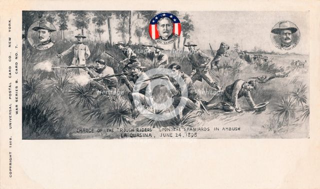 'Charge of the Rough Riders upon the Spaniards in Ambush, La Quasina, June 24, 1898', c1900. Artist: Unknown.