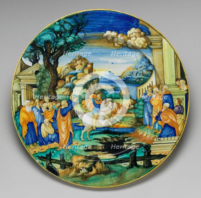 Charger with Marcus Curtius plunging into the chasm, c. 1525/1530. Creator: Unknown.