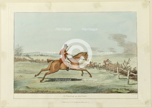 Charging an Ox-fence, plate three from Indispensable Accomplishments, published June 24, 1811. Creator: Robert Frankland.