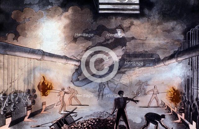 Charging retorts at the Gas Light Establishment, Brick Lane, London, 1822. Artist: Colin Mackenzie