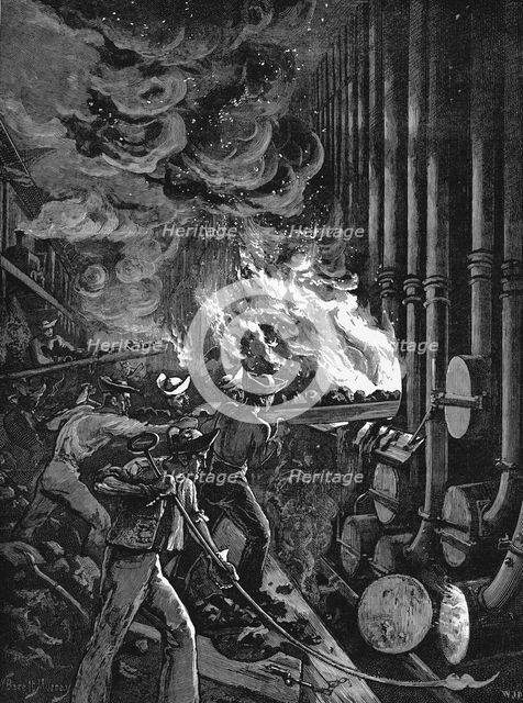 Charging the retorts at the Beckton gasworks, London, 1878. Artist: Unknown