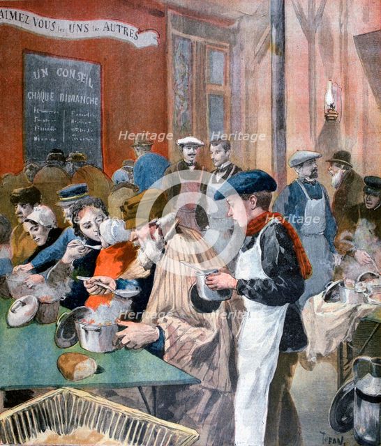 Charity of the students; the soup kitchen at Butte-aux-Cailles, Paris, 1894. Artist: Oswaldo Tofani