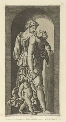 Charity personified by a woman with two childen, from The Virtues ca. 1515-25. Creator: Marcantonio Raimondi