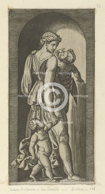 Charity personified by a woman with two childen, from 'The Virtues', ca. 1515-25. Creator: Marcantonio Raimondi.
