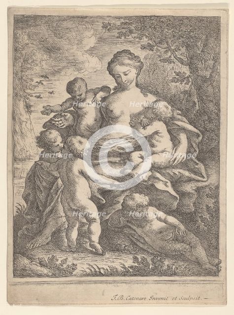 Charity, seated in a landscape surrounded by five nude children, 1692-1727. Creator: Giovanni Battista Catenaro.