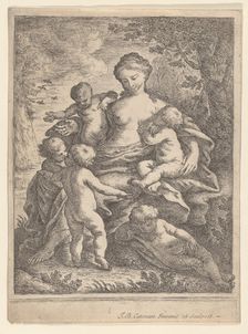 Charity, seated in a landscape surrounded by five nude children, 1692-1727. Creator: Giovanni Battista Catenaro