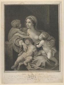 Charity seated nursing an infant, another sleeping on her lap and a third talking to her, ..., 1793. Creator: James Parker