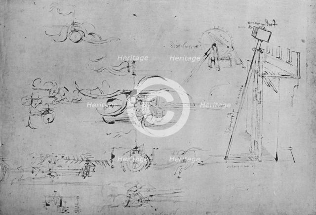 'Chariots Armed with Scythes and Flails and Horseman with Three Lances', c1480, (1945). Artist: Leonardo da Vinci.