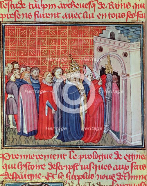 Charlemagne crowned Emperor of the West (800-814) enters in a church followed by prelates. Miniat…
