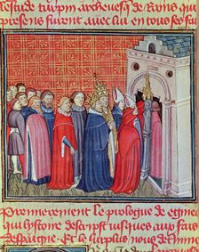 Charlemagne crowned Emperor of the West (800-814) enters in a church followed by prelates. Miniat…