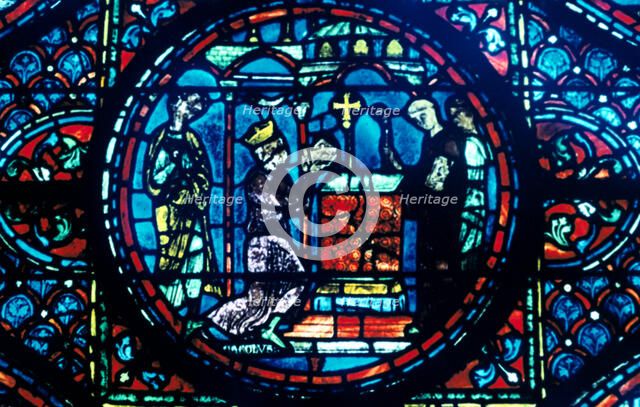 Charlemagne gives relics to the Chapel at Aix, stained glass, Chartres Cathedral, France, c1225. Artist: Unknown