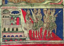 Charlemagne departs from Aachen to Santiago de Compostela, Miniature in the Codex Calixtus Fol.…