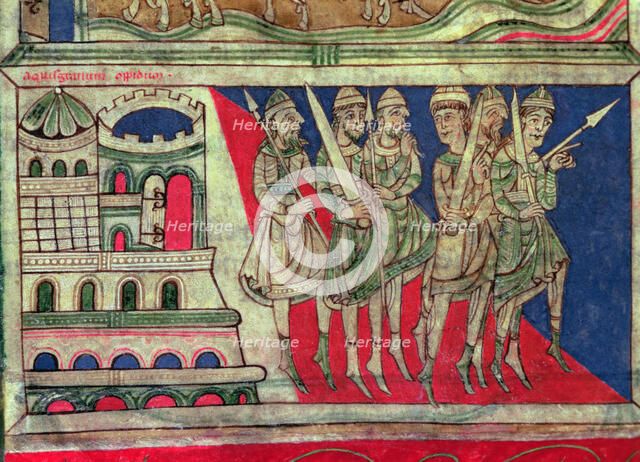 Charlemagne departs from Aachen to Santiago de Compostela, Miniature in the 'Codex Calixtus' Fol.…