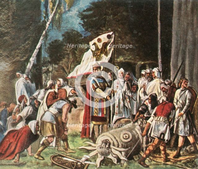 Charlemagne destroys a pagan idol, (1936).  Creator: Unknown.