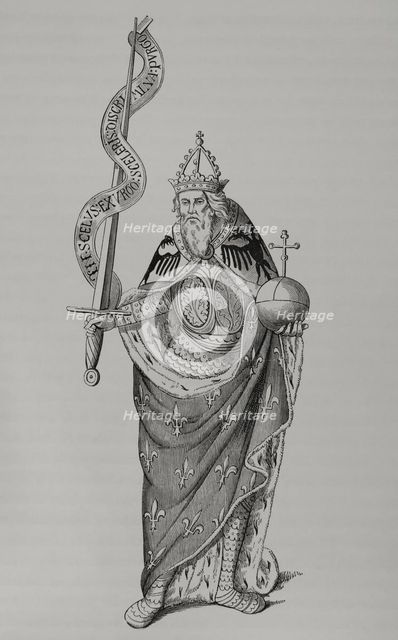 Charlemagne holding the globus cruciger in one hand and the sword in the other, 1878.  Creator: Unknown.