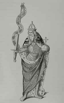 Charlemagne holding the globus cruciger in one hand and the sword in the other, 1878. Creator: Unknown