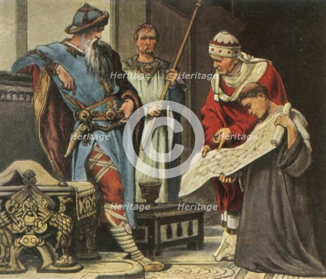 Charlemagne is shown the plans for the Palatine Chapel in Aachen, (1936). Creator: Unknown.