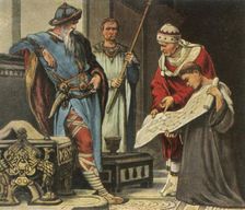 Charlemagne is shown the plans for the Palatine Chapel in Aachen, (1936). Creator: Unknown