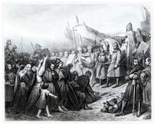 Charlemagne receive the submission of Wittekind in the year 785. Engraving from 1853