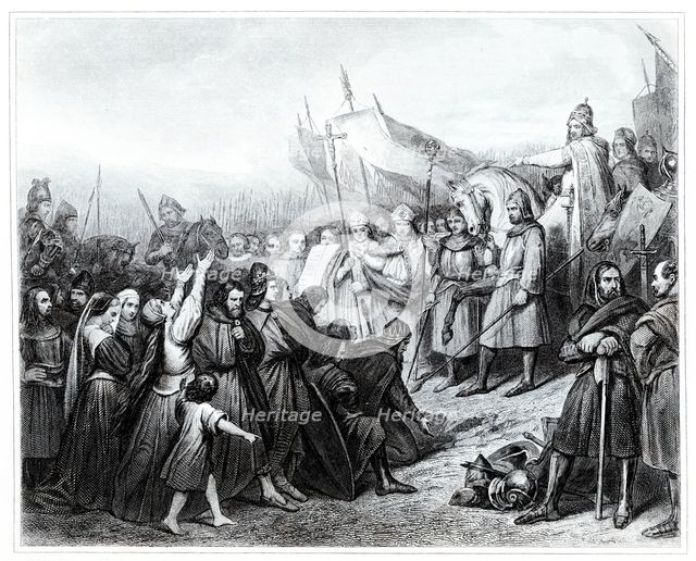 Charlemagne receive the submission of Wittekind in the year 785. Engraving from 1853.