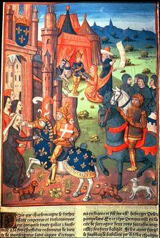 Charlemagne with paladins, knights of the king's entourage, Miniature in Chroniques de France …